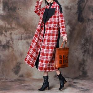 Wide Lapel Wool Tied Red Tartan Coat