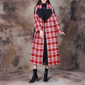 Wide Lapel Wool Tied Red Tartan Coat