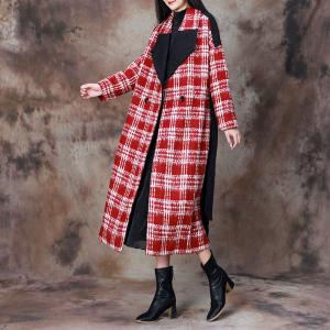 Wide Lapel Wool Tied Red Tartan Coat