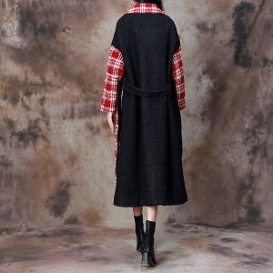 Wide Lapel Wool Tied Red Tartan Coat