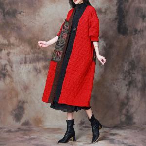 Flowers Patterned Patchwork Red Quilted Coat