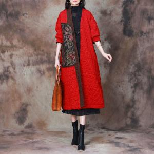 Flowers Patterned Patchwork Red Quilted Coat