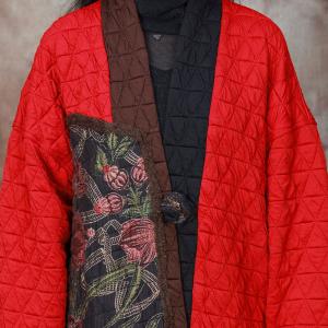 Flowers Patterned Patchwork Red Quilted Coat