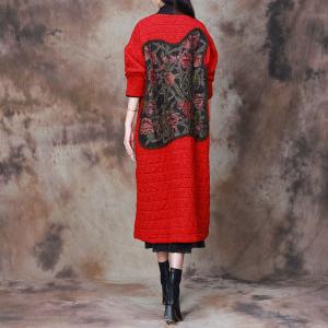 Flowers Patterned Patchwork Red Quilted Coat