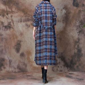 Blue Gingham Wool Tied Robe Car Coat