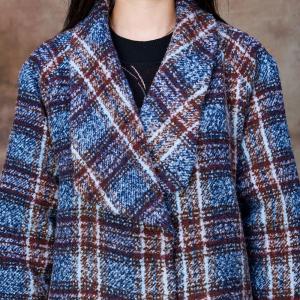 Blue Gingham Wool Tied Robe Car Coat