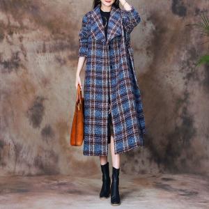 Blue Gingham Wool Tied Robe Car Coat