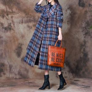 Blue Gingham Wool Tied Robe Car Coat