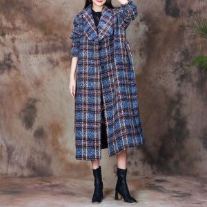 Blue Gingham Wool Tied Robe Car Coat