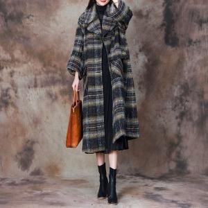 Coffee and Green Tartan Tailored Collar Overcoat