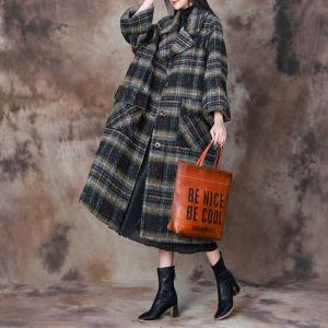 Coffee and Green Tartan Tailored Collar Overcoat