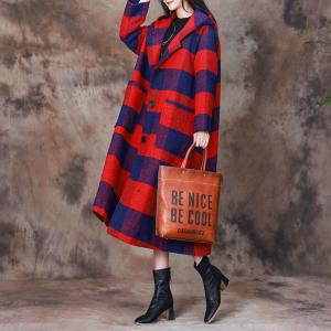 Large Size Wool Tartan Hooded Coat