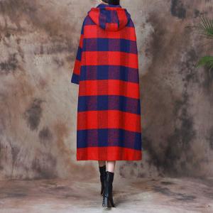 Large Size Wool Tartan Hooded Coat