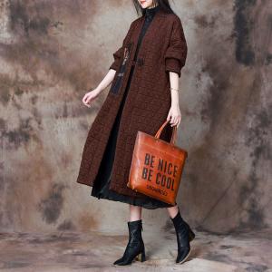 Dark Coffee Totem Applique Winter Designer Coat