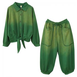 Cotton Tie Knot Blouse with Balloon Sweat Pants Sets