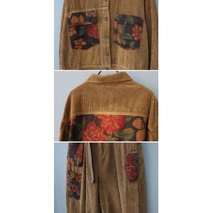 Printed Pockets Corduroy Jacket with Loose Trousers Sets