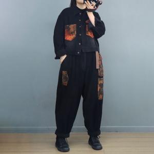 Printed Pockets Corduroy Jacket with Loose Trousers Sets