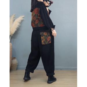 Printed Pockets Corduroy Jacket with Loose Trousers Sets