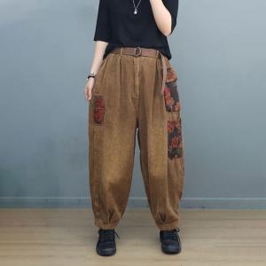 Printed Pockets Corduroy Jacket with Loose Trousers Sets