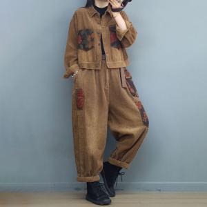 Printed Pockets Corduroy Jacket with Loose Trousers Sets