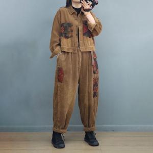 Printed Pockets Corduroy Jacket with Loose Trousers Sets