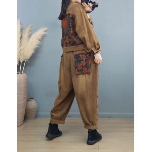 Printed Pockets Corduroy Jacket with Loose Trousers Sets