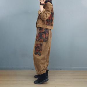 Printed Pockets Corduroy Jacket with Loose Trousers Sets