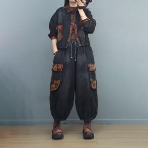 Flowers Pockets Short Jacket with Black Balloon Jeans