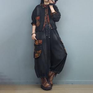 Flowers Pockets Short Jacket with Black Balloon Jeans