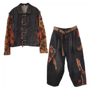 Tassel Frig Buttons Black Jacket with Patchwork Dad Jeans