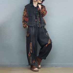 Tassel Frig Buttons Black Jacket with Patchwork Dad Jeans