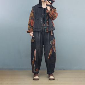 Tassel Frig Buttons Black Jacket with Patchwork Dad Jeans