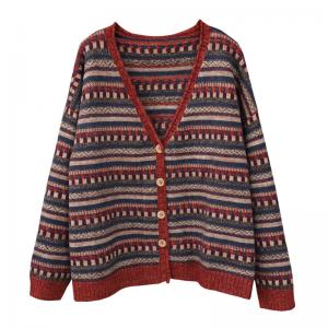 Retro V-Neck Folk Patterned Sweater Cardigan