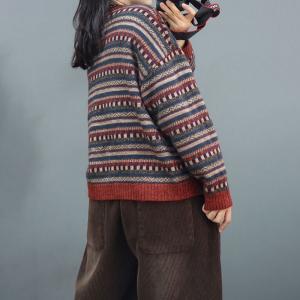 Retro V-Neck Folk Patterned Sweater Cardigan