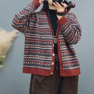 Retro V-Neck Folk Patterned Sweater Cardigan