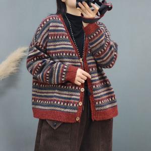 Retro V-Neck Folk Patterned Sweater Cardigan