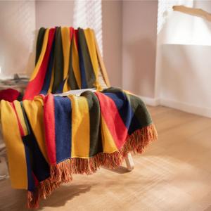 Rainbow Fringed Knitting Boho Blanket