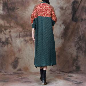 Red Flowers Dark Green Long Cotton-Padded Coat