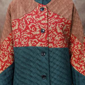 Red Flowers Dark Green Long Cotton-Padded Coat