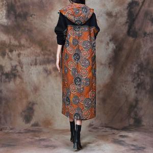 Totem Dotted Orange Cotton Linen Hooded Coat