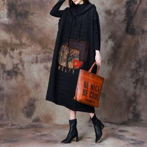 Stereo Patchwork Black Quilted Hooded Dress