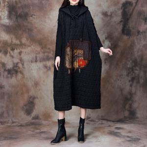 Stereo Patchwork Black Quilted Hooded Dress