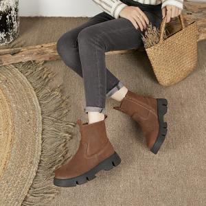 Soft Plush Chunky Heels Leather Winter Boots