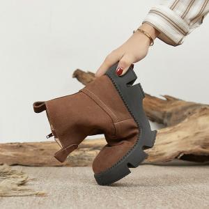 Soft Plush Chunky Heels Leather Winter Boots