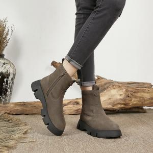 Soft Plush Chunky Heels Leather Winter Boots