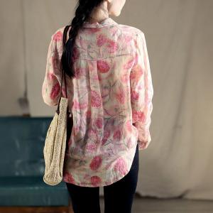 Pink Flowers Ramie Long Sleeves Polo Shirt