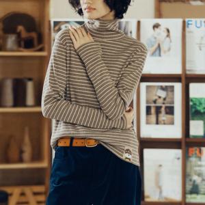 Cartoon Patchwork Pinstriped Base Turtleneck T-shirt