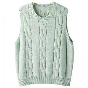 Crew Neck Wool Blend Cable Knit Waistcoat