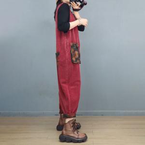 Printed Pockets Front Zip Corduroy Sleeveless Overalls