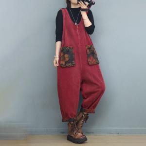 Printed Pockets Front Zip Corduroy Sleeveless Overalls